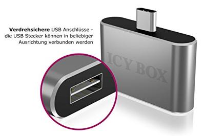 ICY BOX IB-Hub1201-C 2-voudige USB 2.0-hub (type-C stekker naar 2X Type-A bus), anti-verdraaiende USB-poorten, OTG-ondersteuning, aluminium, antraciet