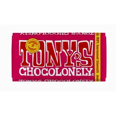 Chocolade Tony&apos;s Chocolonely melk karamel biscuit reep 180gr
