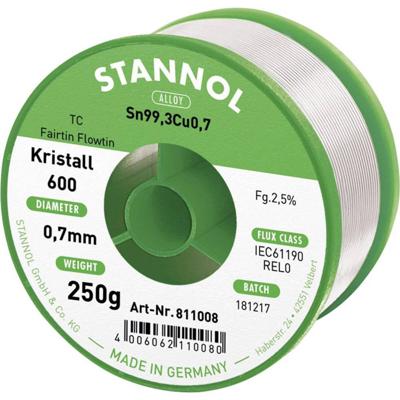 Stannol Kristall 600 Fairtin Soldeertin, loodvrij Loodvrij Sn99,3Cu0,7 REL0 250 g 0.7 mm Stannol Kristall 600 Fairtin Soldeertin, loodvrij Loodvrij Sn99,3Cu0,7 REL0 250 g 0.7 mm