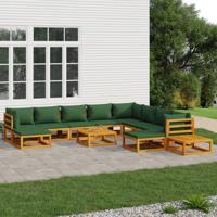 12-delige Loungeset met groene kussens massief hout - thumbnail