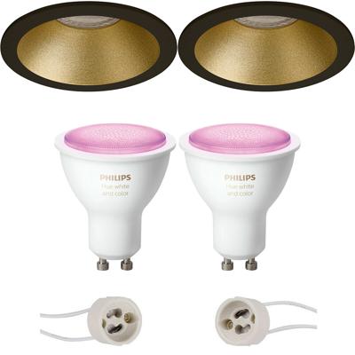 GU10 Inbouwspot Set - Mat Zwart/Goud - Inbouw Rond - Verdiept - Philips Hue - White and Color Ambiance - Bluetooth - Pragmi Pollon Pro - Ø82mm