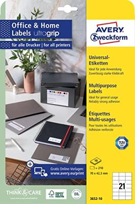 Avery-Zweckform 3652-10 Universele etiketten 70 x 42.3 mm Papier Wit 210 stuk(s) Permanent hechtend Inkjet, Laser (zwart/wit), Laser (kleur), Kopiëren