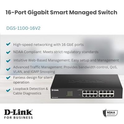 D-Link DGS-1100 Series 16-Port Gigabit Smart Managed Switch met VLAN support, layer 2 features, QoS, 802.3az EEE, Fanless