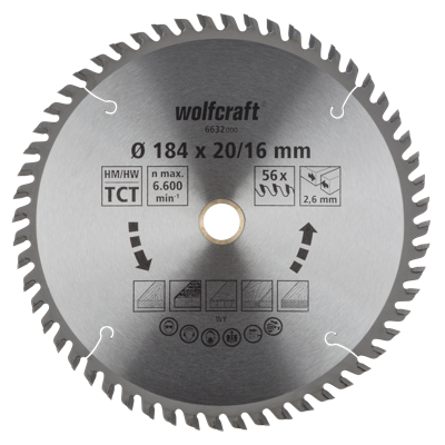 Wolfcraft Handcirkelzaagblad | HM | 56 Zähne | Ø184 x 20/16mm | 1 stuk - 6632000