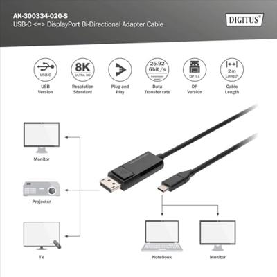 Digitus AK-300334-020-S USB-C-displaykabel DisplayPort / USB-C Aansluitkabel DisplayPort-stekker, USB-C stekker 2.00 m Zwart Afgeschermd (drievoudig), - thumbnail
