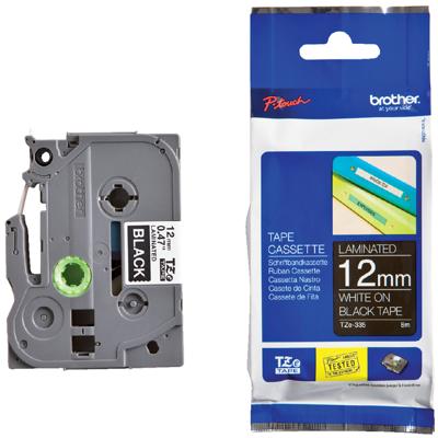 Labeltape Brother P-touch TZe-335 standaard 12mm wit op zwart Labeltape Brother P-touch TZe-335 standaard 12mm wit op zwart