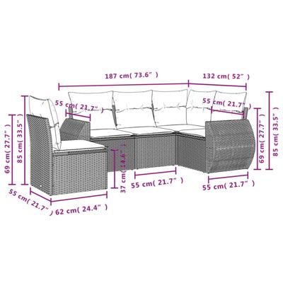 5-delige Loungeset met kussens poly rattan zwart