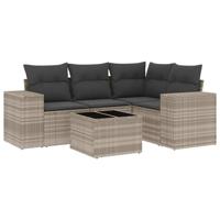 5-delige Loungeset met kussens poly rattan lichtgrijs - thumbnail