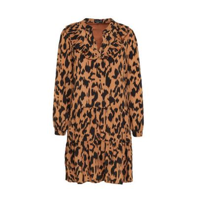 Smashed Lemon trapeze jurk met all over print en ruches bruin/zwart