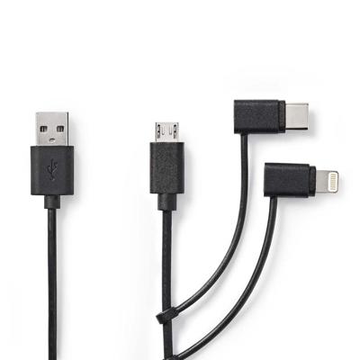 3-in-1-Kabel | USB 2.0 | USB-A Male | Apple Lightning 8-Pins / USB Micro-B Male / USB-C Male | 480 Mbps | 1.00 m | Vernikkeld | Rond | PVC | Zwart 3-in-1-Kabel | USB 2.0 | USB-A Male | Apple Lightning 8-Pins / USB Micro-B Male / USB-C Male | 480 Mbps | 1.00 m | Vernikkeld | Rond | PVC | Zwart
