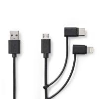 3-in-1-Kabel | USB 2.0 | USB-A Male | Apple Lightning 8-Pins / USB Micro-B Male / USB-C Male | 480 Mbps | 1.00 m | Vernikkeld | Rond | PVC | Zwart - thumbnail