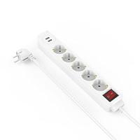 Hama - Meervoudige stekkerdoos 5-voudige Schuko-stekker, Schuko-stekker, 1,4 meter kabel, wit, met aan/uit-schakelaar, 2 x USB A 17 Watt - thumbnail