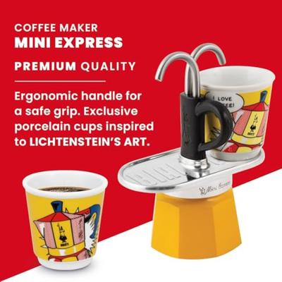 Italiaanse koffiezetset + 2 kopjes - BIALETTI - Mini-express LICHTENSTEIN - 100 ml - Roestvrij staal / Geel