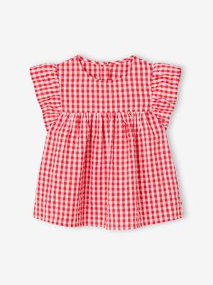 Gebloemde meisjesblouse met korte mouwen en ruches rood, geruit