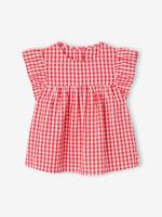 Gebloemde meisjesblouse met korte mouwen en ruches rood, geruit - thumbnail