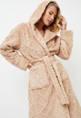 Champagne damesbadjas tufted fleece - capuchon-xl