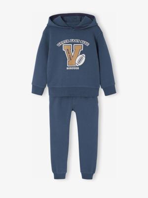 Sportieve set voor jongens met sweater met capuchon en print + effen joggingbroek petrolblauw