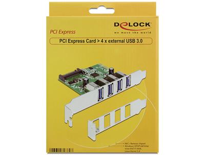 Delock 89360 PCI Express x1-kaart naar 4 x externe USB Type-A femalee USB 5 Gbps