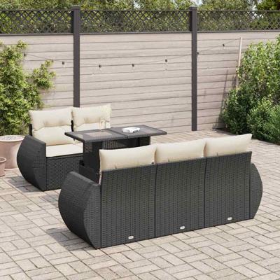 6-delige Loungeset met kussens poly rattan zwart