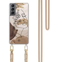Samsung Galaxy S21 hoesje met beige koord - Abstract gezicht bruin - thumbnail