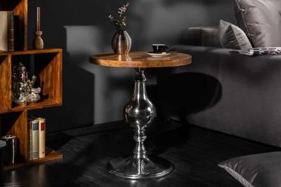 Design bijzettafel EXTRAVAGANCIA 50cm massief mangohout ronde metalen kolomvoet zilver - 39090