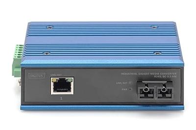 DIGITUS industriële Gigabit mediaconverter - 1x RJ45, 1x SC duplex 850nm - multimode dubbele vezel - 0,5 km bereik - 10/100/1000 Mbps - DIN rail montage - zwart/blauw