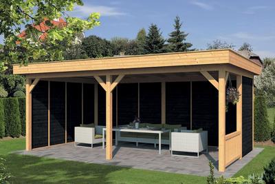 Tuindeco Oslo XL Overkapping type 3 678x430 cm Lariks/Douglashout blank en Zweeds rabat zwart- Plat dak- Onbehandeld lariks Douglas hout- Tuindeco