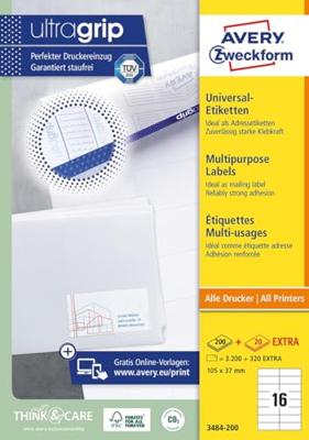 Avery Zweckform 3484, Universele etiketten, Ultragrip, wit, 200 vel, 16 per vel, 105 x 37 mm