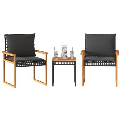 3-delige Bistroset met kussens poly rattan en acaciahout zwart
