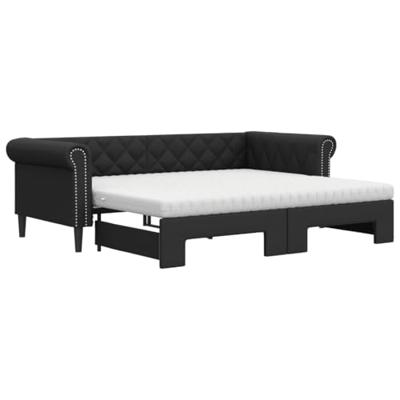 Slaapbank onderschuifbed en matrassen 90x200 cm kunstleer zwart