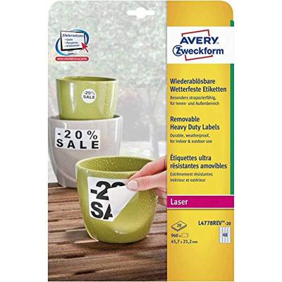 Avery-Zweckform L4778REV-20 Folie-etiketten 45.7 x 21.2 mm Polyester folie Wit 960 stuk(s) Weer verwijderbaar Laser (kleur), Laser (zwart/wit), Kopiëren
