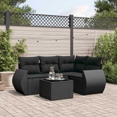 5-delige Loungeset met kussens poly rattan zwart - thumbnail
