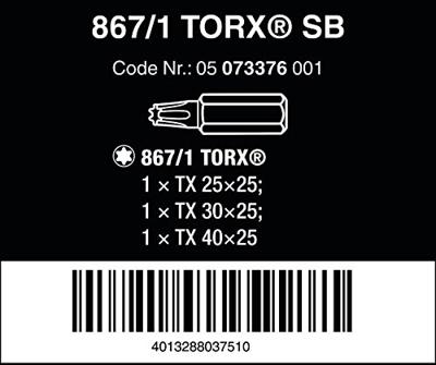 Wera 867/1 Z SB SiS 05073376001 Torx-bit T 25, T 30, T 40 Gereedschapsstaal Gelegeerd, Taai D 6.3 3 stuk(s)