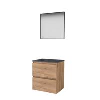 Basic-Line Framed 46 Badkamermeubelset - 60 x 46 cm - Greeploos - 2 Lades - Hardstenen Wastafel - Zonder Kraangat - Spiegel met Zwart Aluminium Frame - Whisky Oak - thumbnail