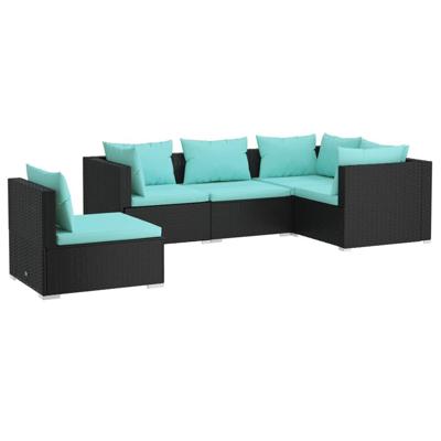 5-delige Loungeset met kussens poly rattan zwart