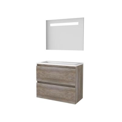 Basic-Line Economic 39 Badkamermeubelset - Ondiep - 80 x 39 cm - Greeploos - 2 Lades - Acryl Wastafel - 1 Kraangat - Spiegel met LED Verlichting - Scotch Oak