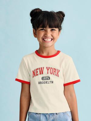 Cropped meisjesshirt collegestijl ecru