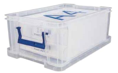 Bankers Box opbergdoos 10 liter, transparant met blauwe handvaten, set van 4 stuks verpakt in carton