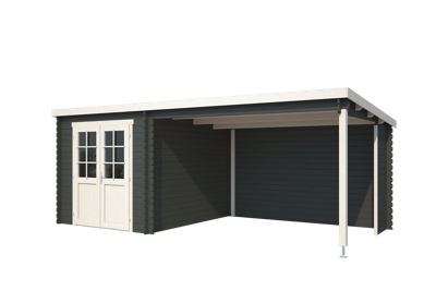 Outdoor Life Sunniva Blokhut 590x295 cm 28 mm vuren Carbon Grey-Wit gecoat- Lessenaarsdak- - Outdoor Life