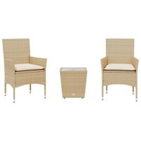 3-delige Bistroset met kussens poly rattan en glas beige - thumbnail