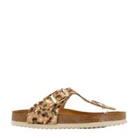 Develab 48202 leren teenslippers met panterprint beige/goud - thumbnail