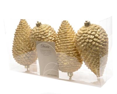 4 Dennenappels plastic glitter hang 12x7cm licht goud KSD - Ksd