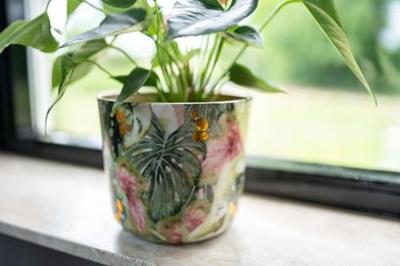 TS Collection bloempot monstera kunststof, metaal 14x12cm mystery