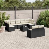 10-delige Loungeset met kussens poly rattan zwart - thumbnail