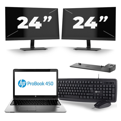 HP ProBook 450 G2 - Intel Core i3-5e Generatie - 15 inch - 8GB RAM - 256GB SSD - Windows 11 + 2x 24 inch Monitor