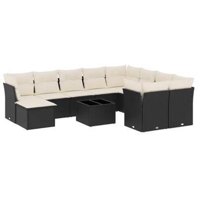 11-delige Loungeset met kussens poly rattan zwart
