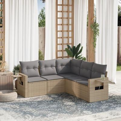 5-delige Loungeset met kussens poly rattan beige