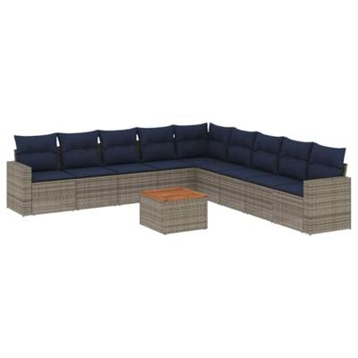 10-delige Loungeset met kussens poly rattan grijs
