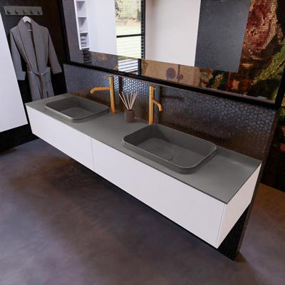 Badkamermeubelset Mondiaz Erin 200 cm met 2 Lades met RIDGE Wastafel Dubbel Dark grey met 2 kraangaten Greeploos Mat Carrara