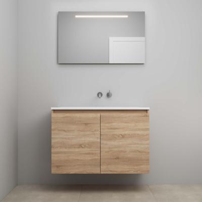 On-Line Badkamermeubelset - 100 cm - Voorgemonteerd - Greeploos 2 Deuren - Acryl Wastafel - zonder Kraangat - Spiegel met LED-Verlichting - Eiken
